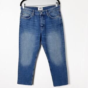 Zara Womens TRF Straight Jeans 8 High Rise Cut Off Cropped Light Wash Button Fly